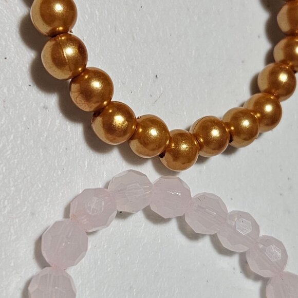 Retro Beaded Stretch Bracelets Pink Gold Beads Fashion Jewelry Women Set of 2 - Picture 2 of 3